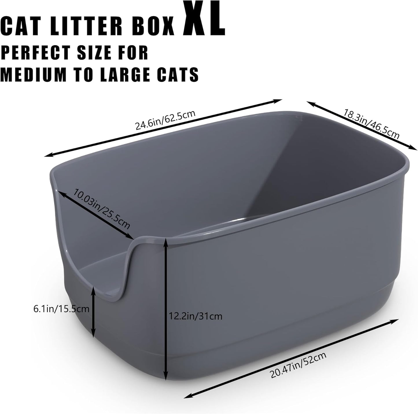 Gefryco Large Cat Litter Box with High Sided 24.6"x18.3"x12.2" - Jumbo Extra Large Open Anti - Splashing High Wall for Multiple Cats (Grey)