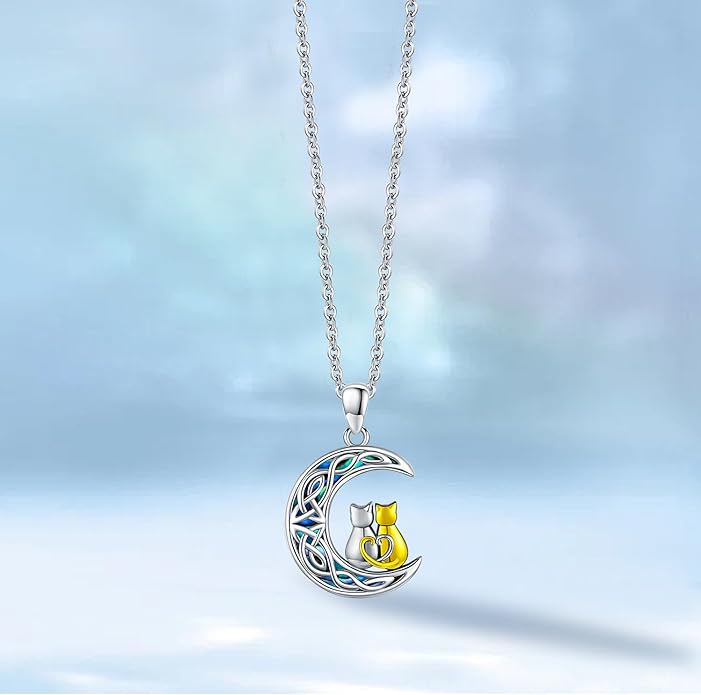 Odinstone Cat Necklace, S925 Sterling Silver Cat on Moon Pendant with Cubic Zirconia, Cat Jewelry Mothers Day Gifts for Mum with Gift Package - I Love You Forever