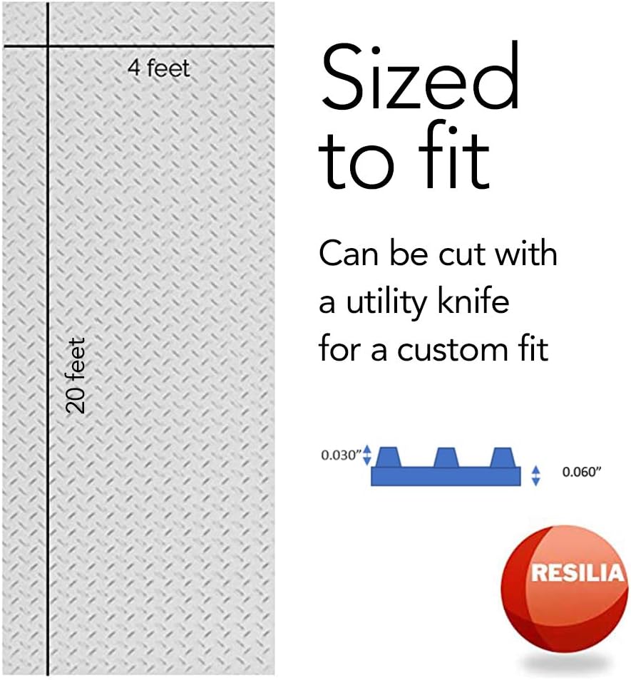 RESILIA Heavy Duty Garage Floor Runner & Protector Mat - Slip Resistant Diamond Plate PVC Mats - Water, Spill, & Stain Resistant, Silver (4 feet x 20 feet)