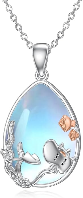 CRMAD Daisy/Black Cat/Dragonfly/Daffodil/Hummingbird/Stingray/Phoenix Feather/Rose Necklace Sterling Silver Moonstone Teardrop Pendant Necklace Flower Animal Jewelry Gifts for Women