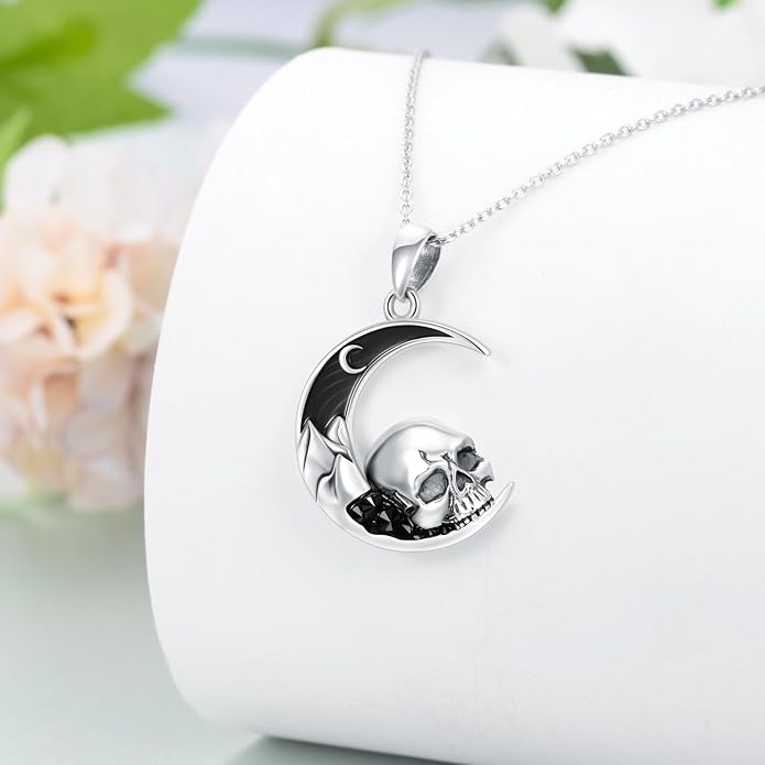 Gothic Jewelry Bat/Cat/Wolf/Dragon/Owl/Fox/Spider/Sun Pendant Sterling Silver Crescent Moon Necklace for Women Girls Black Jewelry Gifts