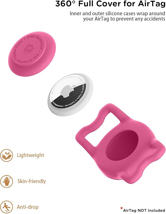 IP68 Waterpoof Dog Airtag Holder, Stretchy Silicone Full Body Covered Apple Air Tag Holder for Dog Cat Collar Fit All Width Collar (Rose, 1 Pack)