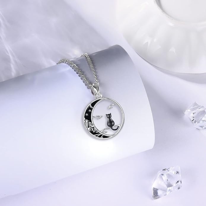 Odinstone Cat Necklace, S925 Sterling Silver Cat on Moon Pendant with Cubic Zirconia, Cat Jewelry Mothers Day Gifts for Mum with Gift Package - I Love You Forever