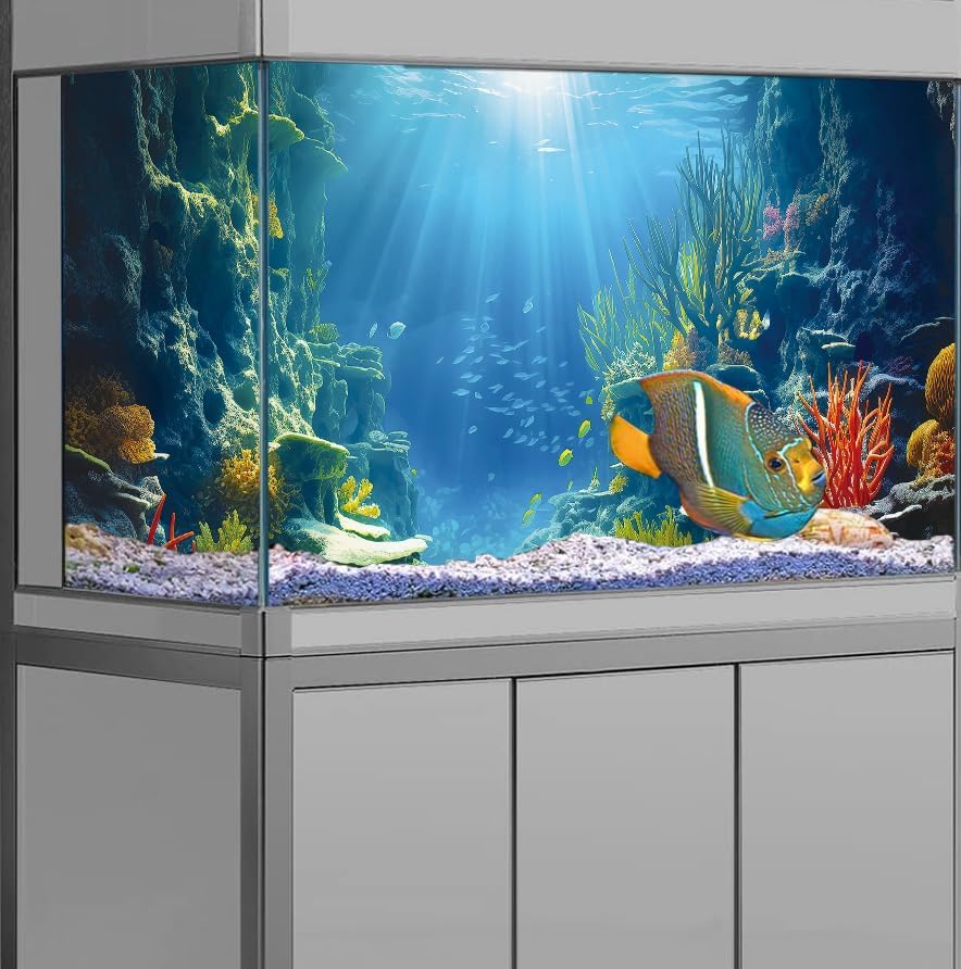 48X24IN Blue Sea Floor Aquarium Background, Natural Underwater World 3D Effect Fish Tank Decorations Background, Art Terrarium Background with 8 EVA Double-Sided Tape