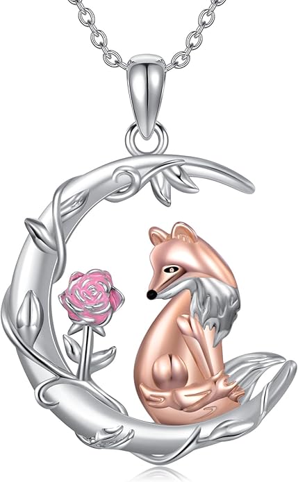 925 Sterling Silver Cat/Fox/Panda/Elephant/Highland Cow Necklace Crescent Moon Pendant Cute Animal Jewelry Gift for Women