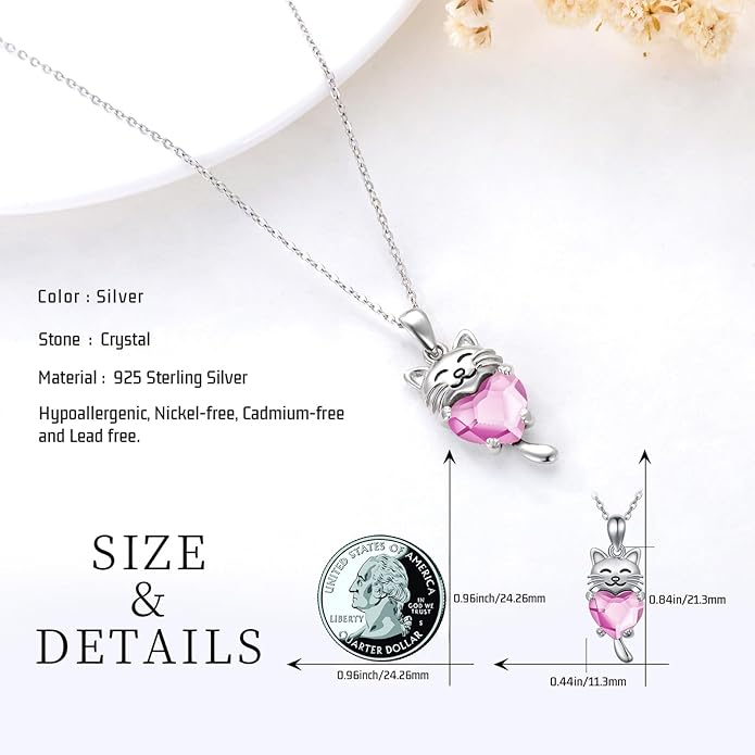 JUSTKIDSTOY Sterling Silver Cute Animal Pendant Necklace with Crystal Cat Pendant - Women's Cat Lovers Jewelry Gift