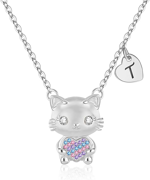 Gifts for Girls Necklace, Cat Heart Pendant Necklace for Jewelry Initial Necklace for Girl Birthday Christmas Gifts