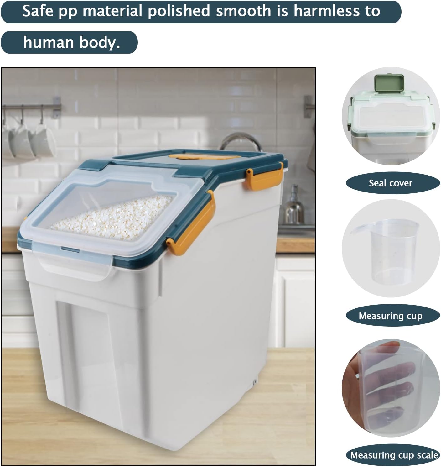 AnRui Airtight Flour Storage Container 25lb, Plastic Grain Storage Bucket, Rice Cereal Dispenser Organizer Box with Lid, Cat Dog Food Storage Bin with Measuring Cup, Scoop, Wheels, 2Pcs Blue