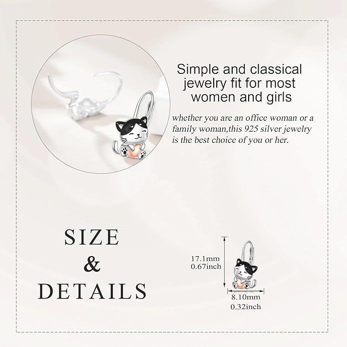 Cat Gifts Earrings Sterling Silver Cute Small Animal Cats Dangle Leverback Jewelry Gifts for women cat Lovers