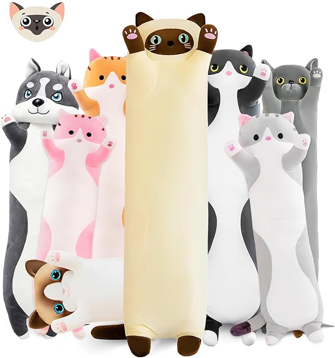 Long Cat Plush Pillow, 27.6in Cute Yellow Cat Plushie Stuffed Animals Body Pillow, Kawaii Kitten Soft Plushie Doll Toy Birthday Gift for Kids Girlfriend