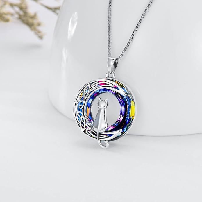 TOUPOP Cat Gifts for Cat Lovers 1 2 3 Cats Necklace Sterling Silver Cat on the Moon Pendant Necklace with Blue Circle Crystal Birthday Christmas Celtic Jewelry Gifts for Women