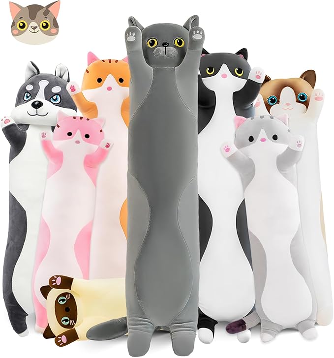 Long Cat Plush Pillow, 51.1in Cute Gray Cat Plushie Stuffed Animals Body Pillow, Kawaii Kitten Soft Plushie Doll Toy Birthday Gift for Kids Girlfriend