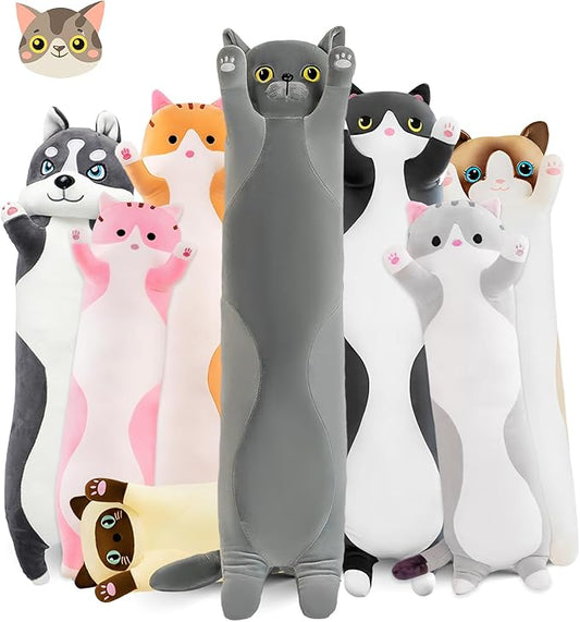 Long Cat Plush Pillow, 35.4in Cute Gray Cat Plushie Stuffed Animals Body Pillow, Kawaii Kitten Soft Plushie Doll Toy Birthday Gift for Kids Girlfriend
