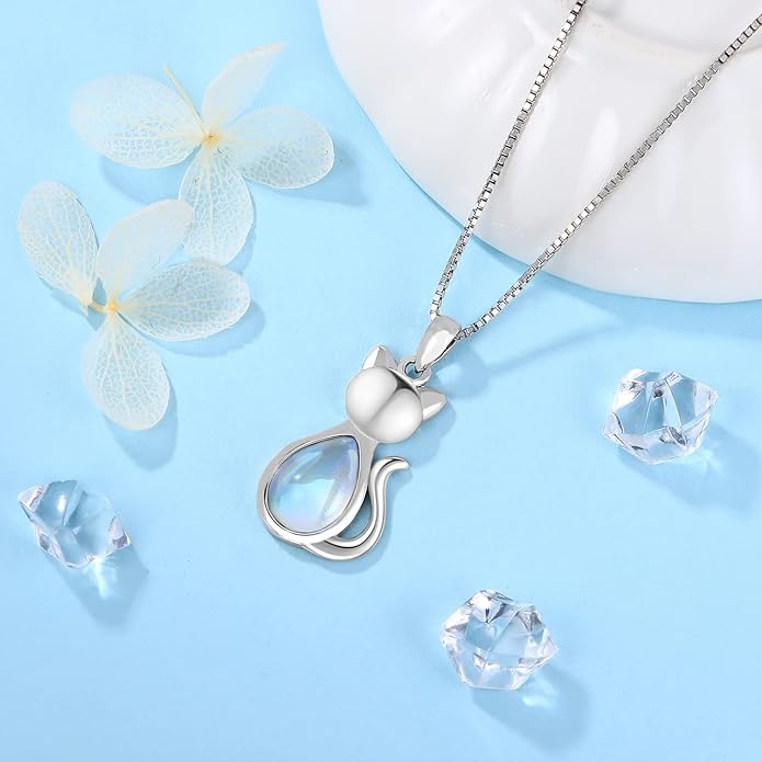Odinstone Cat Birthstone Necklaces Jewelry Sterling Silver Cat Pendant Necklace Gift for Women Gifts, 18'' Silver Box Chain Women's Birthstone Crystal Cat Jewelry Gifts