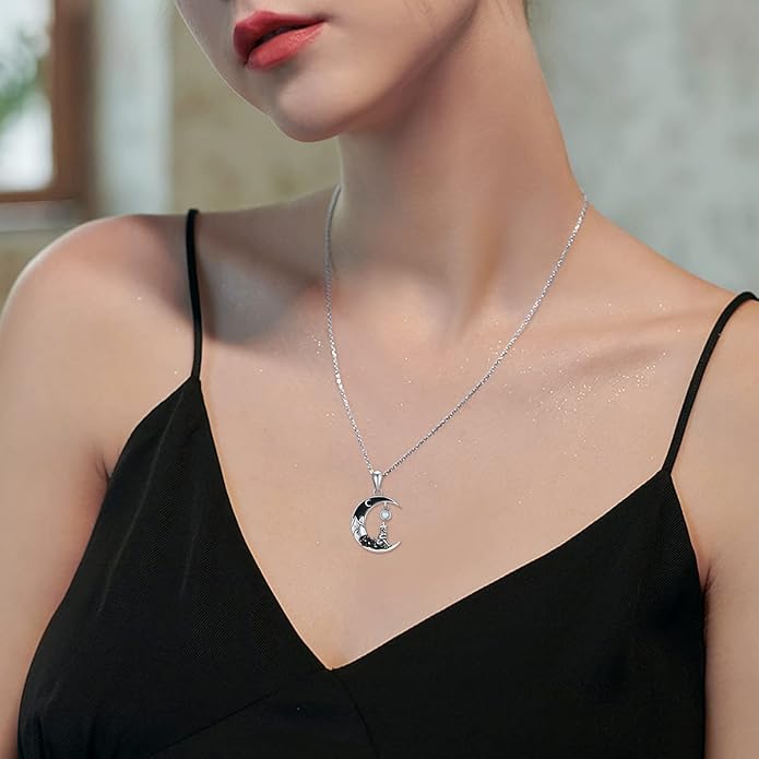 Gothic Jewelry Bat/Cat/Wolf/Dragon/Owl/Fox/Spider/Sun Pendant Sterling Silver Crescent Moon Necklace for Women Girls Black Jewelry Gifts