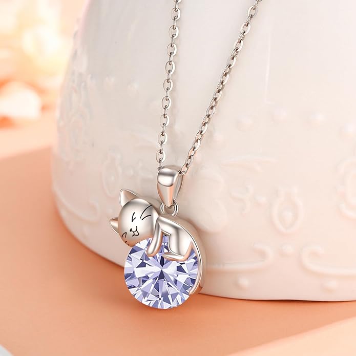 LONAGO Cat Necklace with Birthstone 925 Sterling Silver Cat Pendant Necklace Gift for Women