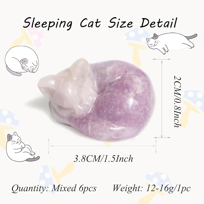Crystal Cat Figurine, Mix 6PCS Sleeping Kitty Cat Collectibles Lucky Cat Statues, Stone Carving Cat, Black Obsidian Polished Crystal Cat Decoration Animal Figurines 1.5"
