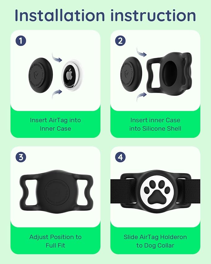 IP68 Waterpoof Dog Airtag Holder, Stretchy Silicone Full Body Covered Apple Air Tag Holder for Dog Cat Collar Fit All Width Collar (Black, 1 Pack)