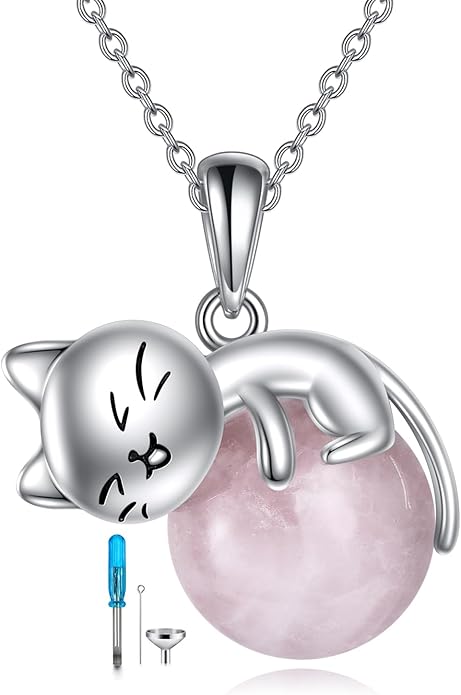 Cat Necklace Sterling Silver Cat Pendnat with Rose Quartz Pearl Jewelry Gifts for Women Cat Lovers