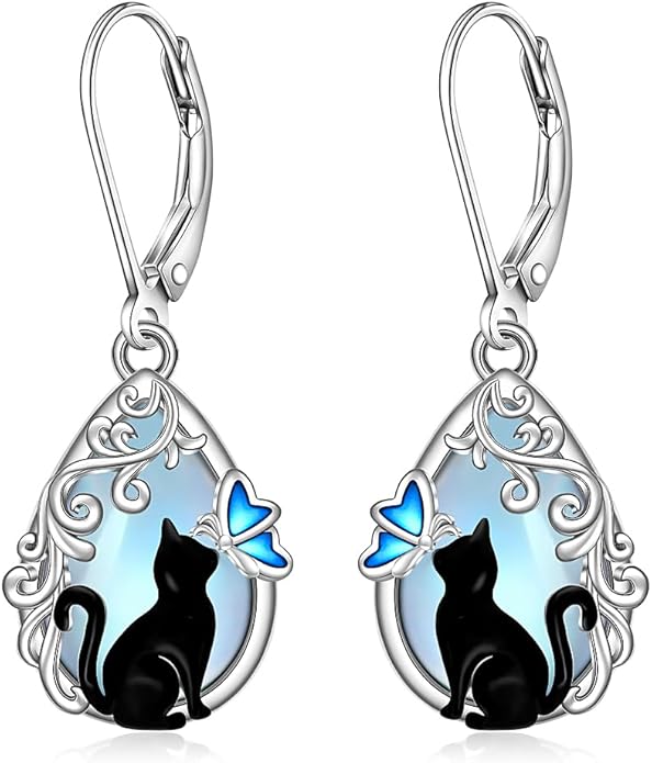 Cat Earrings Moonstone Black Cat Earrings for Women Sterling Silver Cute Filigree Cats Butterfly Dangle Drop Earring Jewelry Leverback Halloween Christmas Gifts