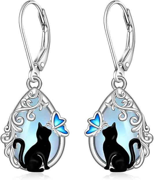 Cat Earrings Moonstone Black Cat Earrings for Women Sterling Silver Cute Filigree Cats Butterfly Dangle Drop Earring Jewelry Leverback Halloween Christmas Gifts