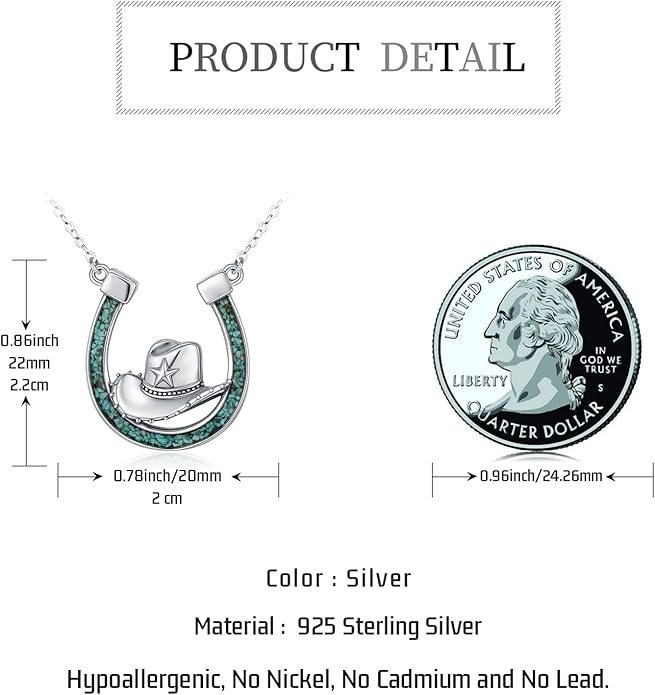 Midir&Etain Western Necklace 925 Sterling Silver Turquoise Pendant Cow Skull/Hat/Tag/Cactus Cowgirl Country Jewelry for Women Men