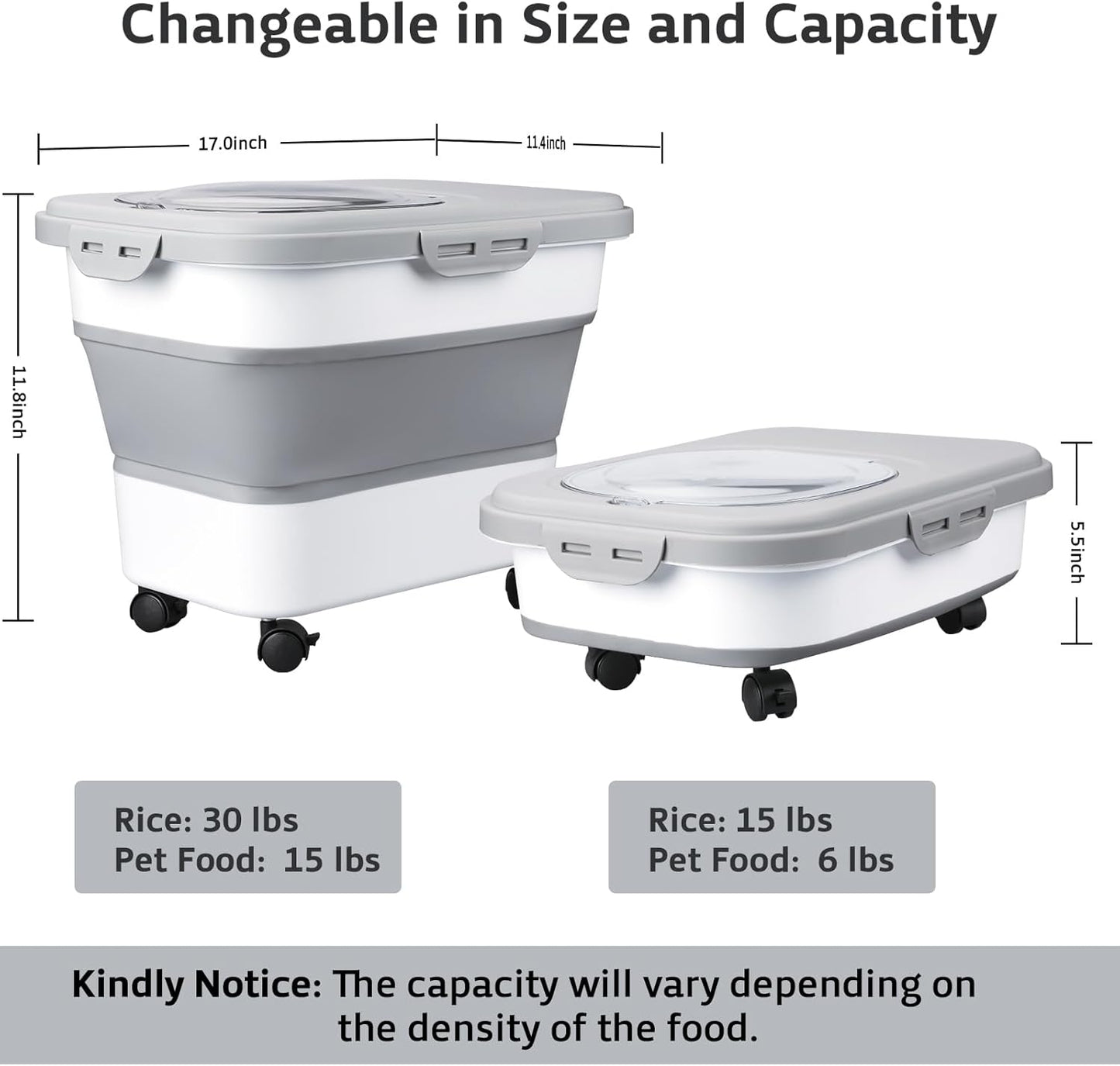 Rice Storage Containers, Collapsible 20 to 30Lbs Food Storage Bin Dispenser with Rolling Wheel and Clear Airtight Lid, BPA Free Flour, Sugar, Cereal and Dog Cat Pet food Containers