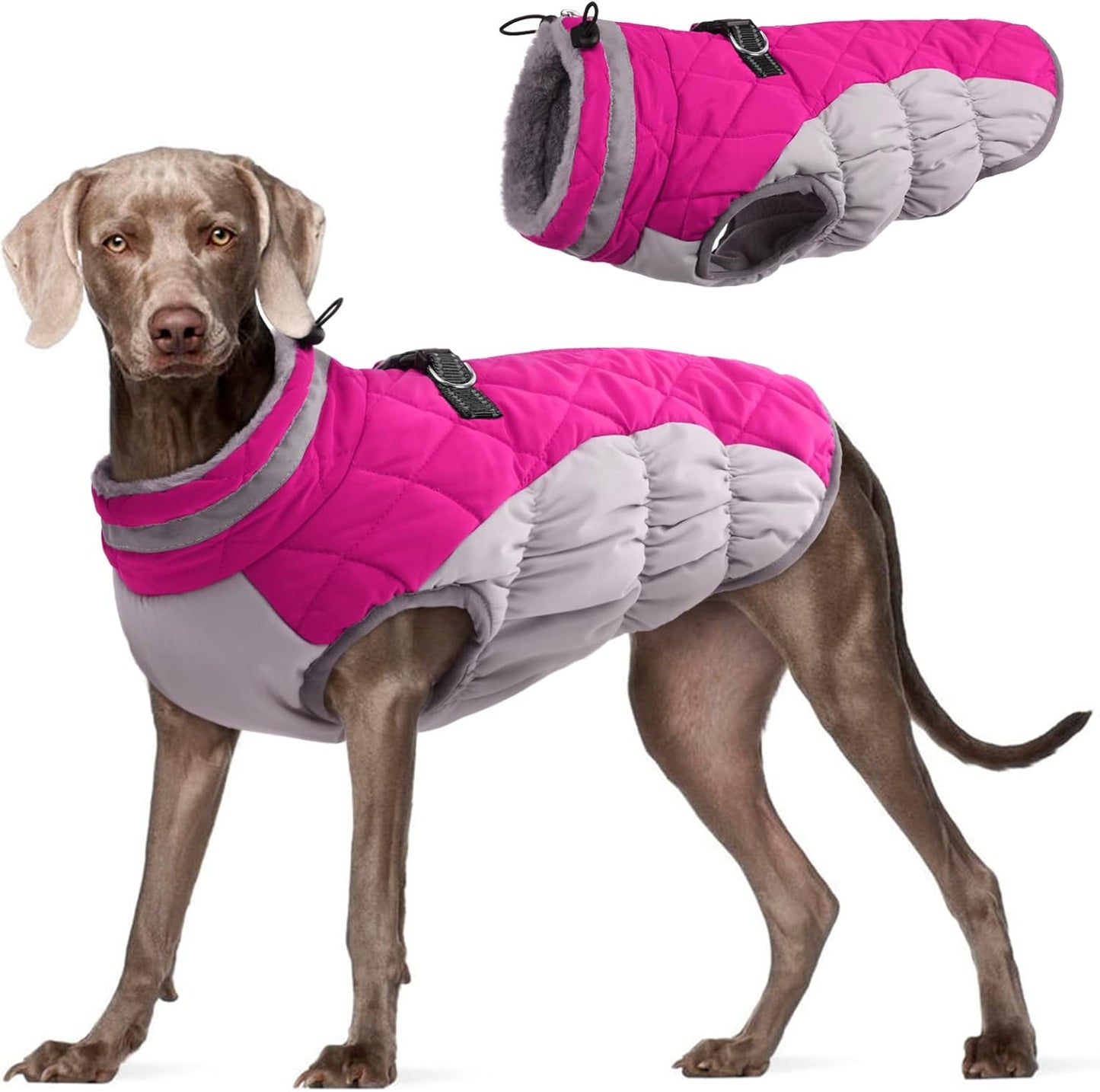 FUAMEY Dog Coat for Large Dogs,Waterproof Dog Winter Jacket with Harness Built in Puppy Cold Weather Coats Reflective Pet Vest with Zipper Warm Fleece Dogs Snowsuit Windproof Pink XXXL