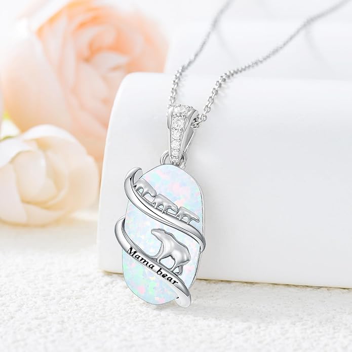 Opal Mama Bear/Panda/Cat/Koala/Sloth/Cardinal/Unicorn Necklace 925 Sterling Silver Opal Animal Pendant Jewelry Birthday Gifts Women Her Mom