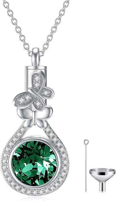 AOBOCO Butterfly Urn Necklace for Ashes 925 Sterling Silver Butterfly Cremation Jewelry Memorial Keepsake Pendant with 12 Months Birthstone Crystal from Austria