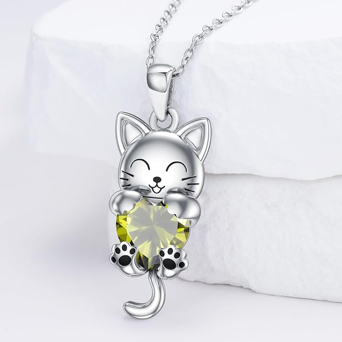 LONAGO Cat Necklace with Heart Birthstone Cat Pendant Necklace Sterling Silver Gifts for Women