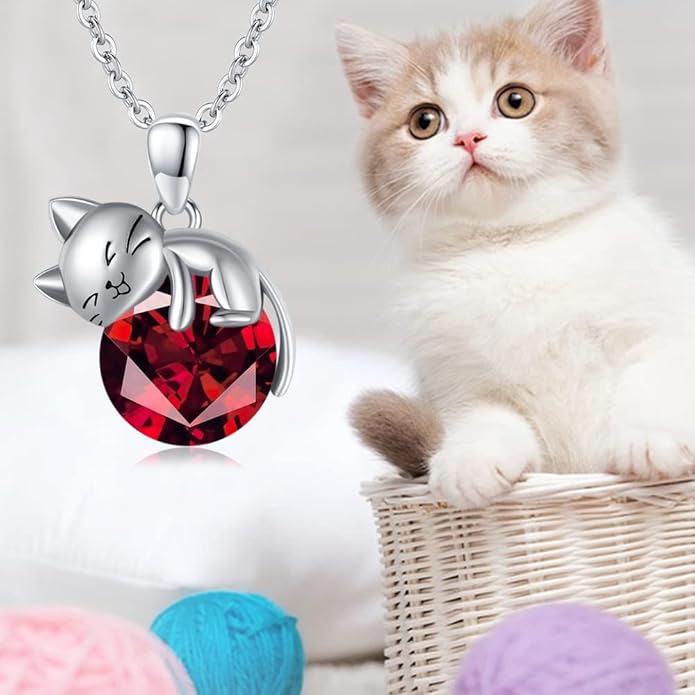 LONAGO Cat Necklace with Birthstone 925 Sterling Silver Cat Pendant Necklace Gift for Women