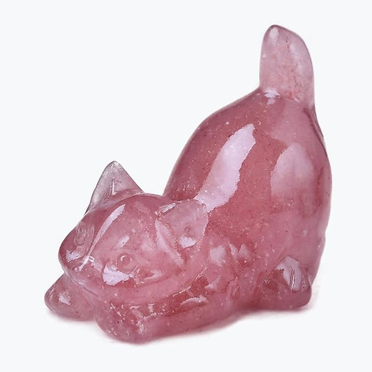 Strawberry Quartz Cat Crystal Statue Healing Crystal Reiki Meditation Pocket Gem Guardian Sculpture Home Study Table Desk Decor Collection Gift for Loved Ones