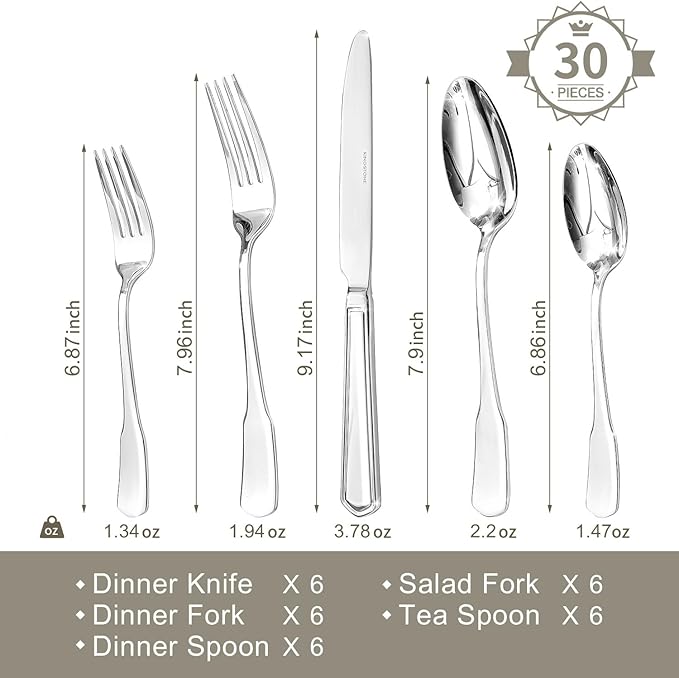 HIKAA Premium Silverware Set, Stainless Steel Flatware Set with Wide-Based Handles for Comfort & Durability, Forks & Spoons Cutlery Silverware Set (30PCS)