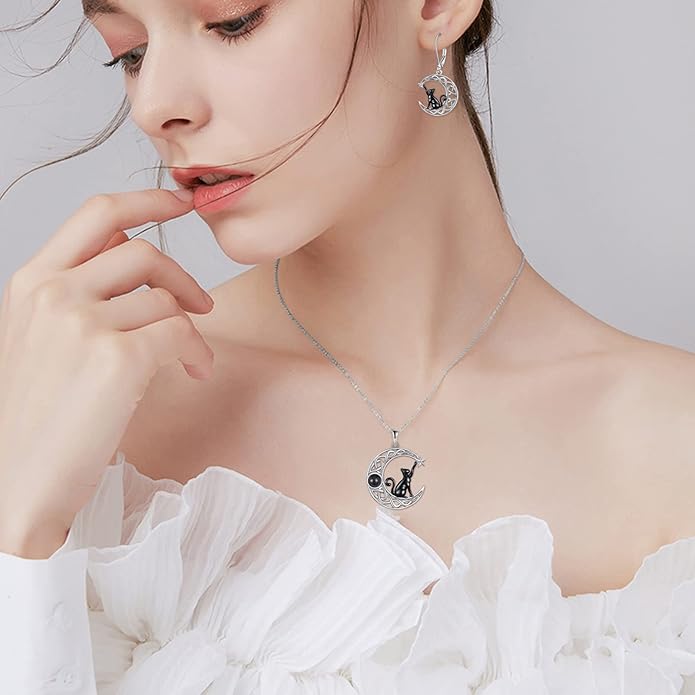 Celtic Moon Black Cat Necklace for Women - Abalone Tree of Life Sterling Silver Cat Lovers Jewelry