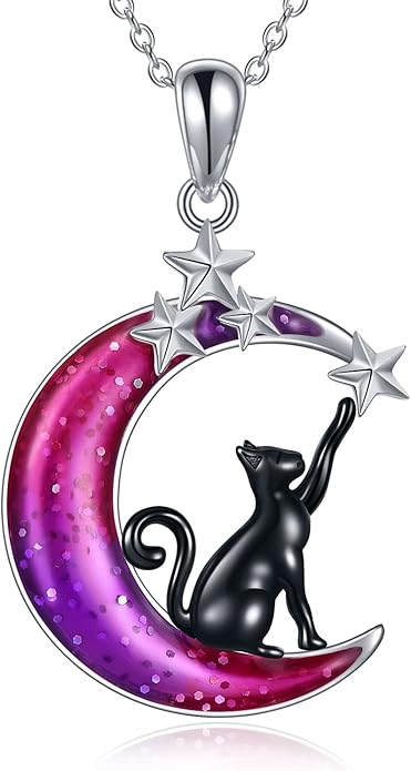 925 Sterling Silver Moon Black Cat Necklace for Women - Tree of Life Jewelry with Abalone Stone - Cat Lover Birthday Gift