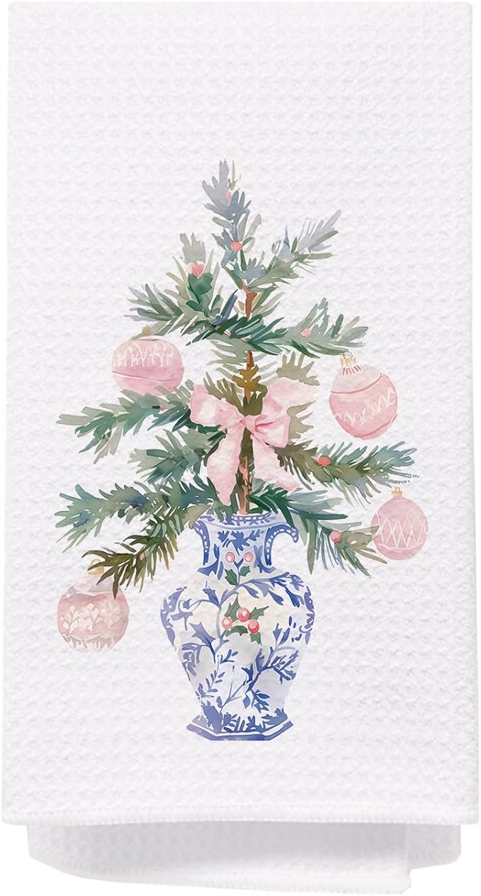 Chinoiserie Christmas Kitchen & Bath Towels, Pink Bow & Blue/White Dish Towels, 16x24 Inch