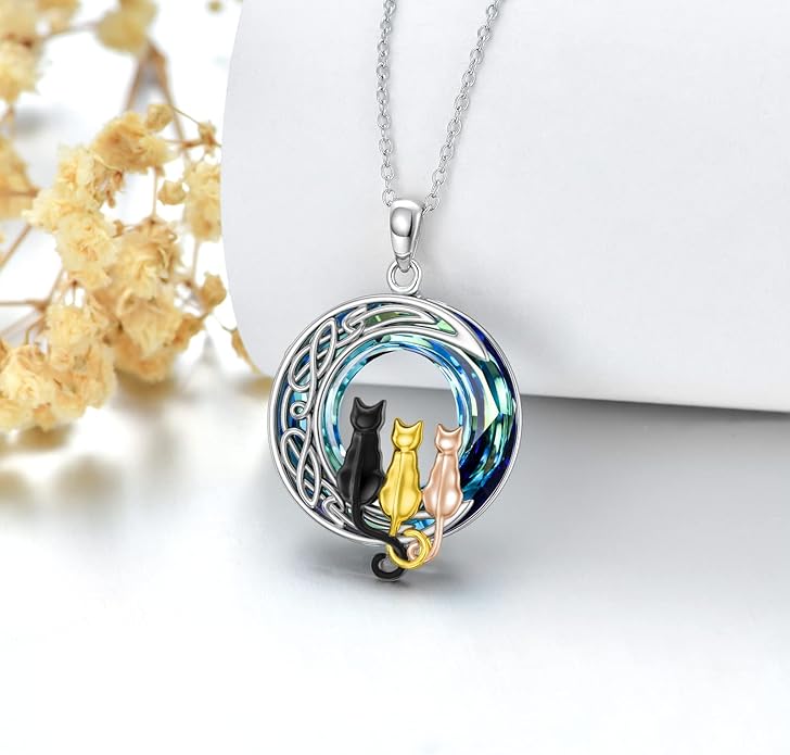 TOUPOP Cat Gifts for Cat Lovers 1 2 3 Cats Necklace Sterling Silver Cat on the Moon Pendant Necklace with Blue Circle Crystal Birthday Christmas Celtic Jewelry Gifts for Women
