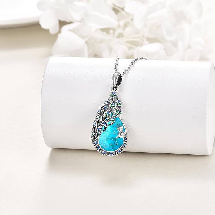 Sterling Silver Blue Opal Turquoise Peacock Pendant Necklace - Peacock Jewelry Gifts for Women