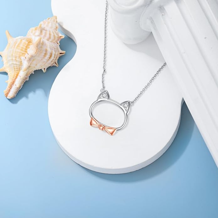 Sterling Silver Blue Topaz/Diamond Cat Pendant Necklace - Jewelry Gifts for Cat Lovers (18"+2")