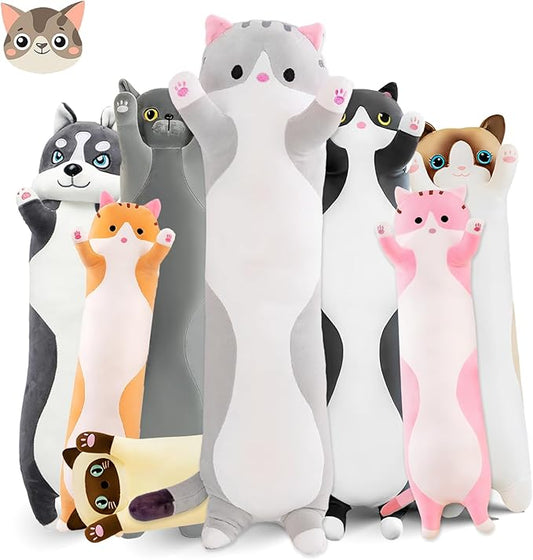 Long Cat Plush Pillow, 35.4in Cute Cat Plushie Stuffed Animals Body Pillow, Grey Kawaii Kitten Soft Plushie Doll Toy Birthday Gift for Kids Girlfriend