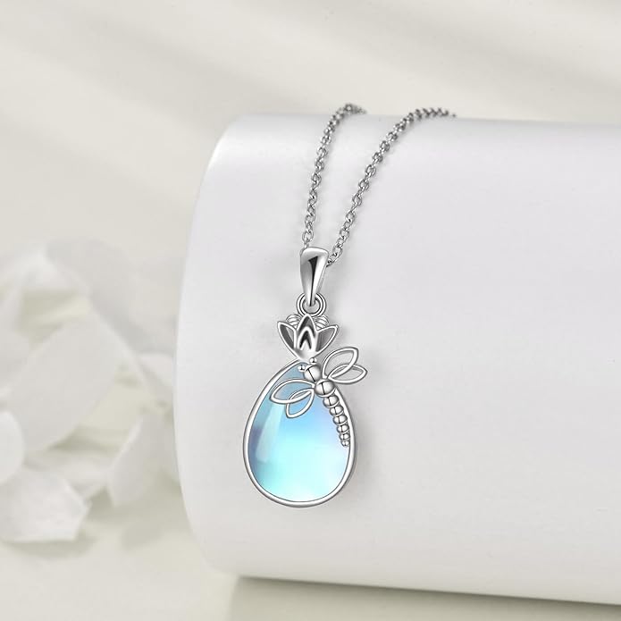CRMAD Daisy/Black Cat/Dragonfly/Daffodil/Hummingbird/Stingray/Phoenix Feather/Rose Necklace Sterling Silver Moonstone Teardrop Pendant Necklace Flower Animal Jewelry Gifts for Women