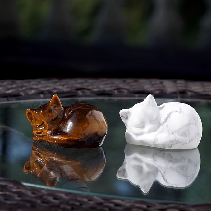 OwMell Tiny Sleeping Cat Statue Hand-Carved Healing Stone Gemstone Little Kitten Statue Figurine 2" - Tigers Eye Sleeping Cat