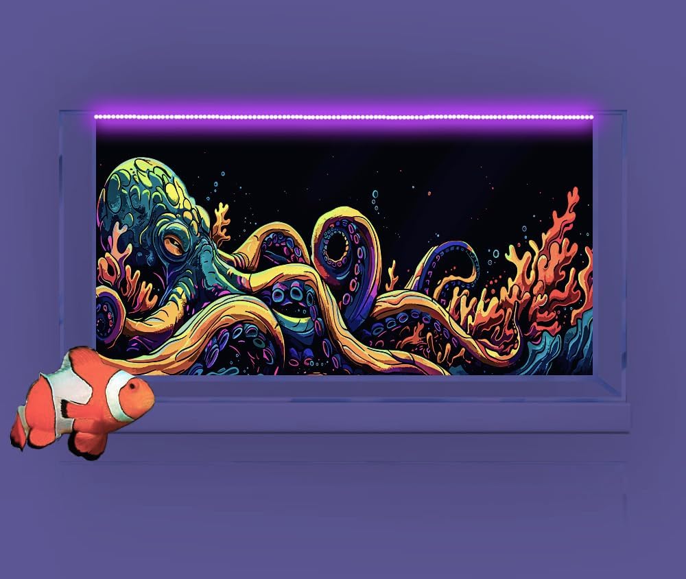 72X24IN Blacklight Octopus Sea Monster HD 3D Black Light Aquarium Background UV Reactive Background Terrarium Background with 10 EVA Double-Sided Tape