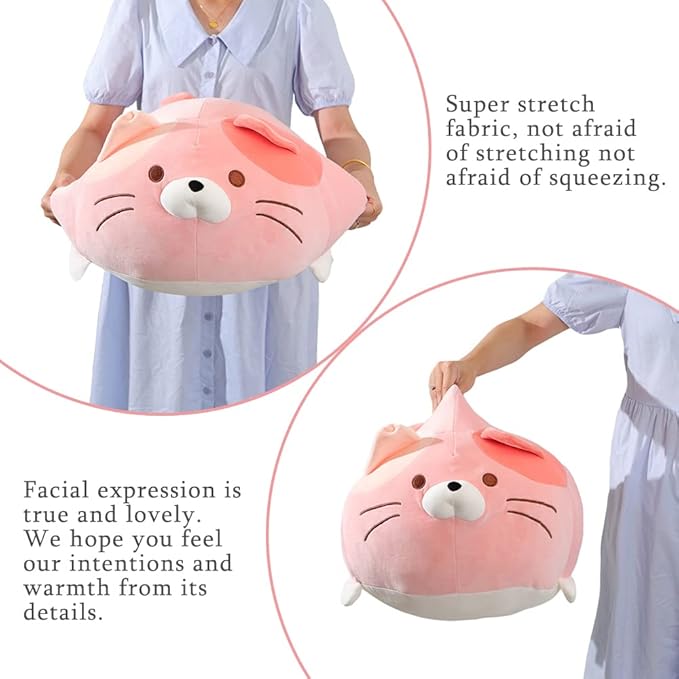 AIXINI 13.7 inch Cute Cat Plush Pillow Stuffed Squishy Animal Cylindrical Body Pillow, Super Soft Fat Cat Chubby Kitten Kawaii Pillow-Pink