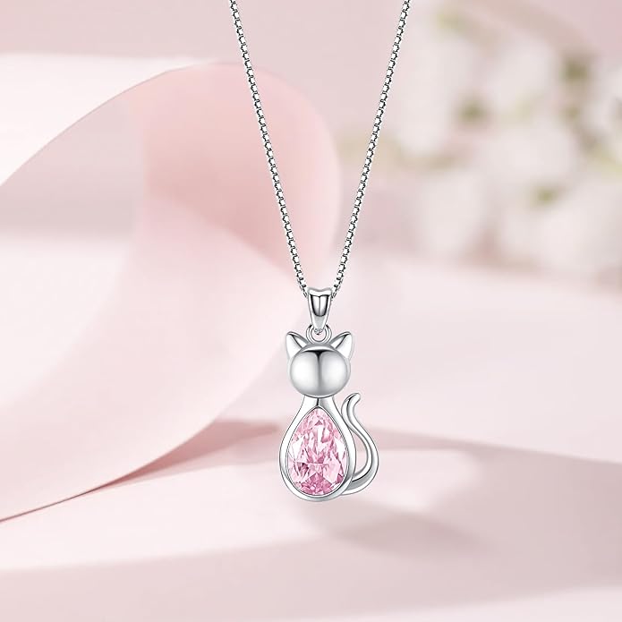 Odinstone Cat Birthstone Necklaces Jewelry Sterling Silver Cat Pendant Necklace Gift for Women Gifts, 18'' Silver Box Chain Women's Birthstone Crystal Cat Jewelry Gifts
