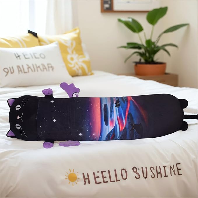 Long Cat Plush Pillow, 27.6in Cute Purple Cat Plushie Stuffed Animals Body Pillow with Wing, Kawaii Kitten Soft Plushie Doll Toy Birthday Gift for Kids Girlfriend