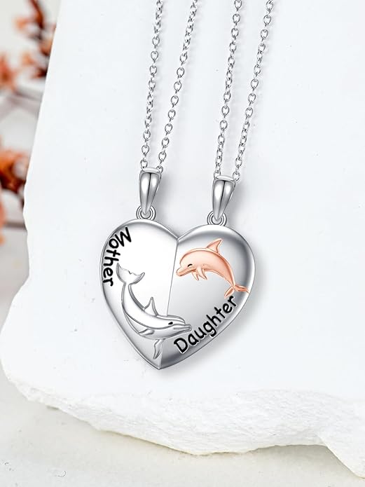 OCJ Mother Daughter Matching Necklaces 925 Sterling Silver Animals Matching Necklace for Mom Daughter 2 Pcs Matching Heart Pendant Birthday Mothers Day Gifts for Mom and Daughter