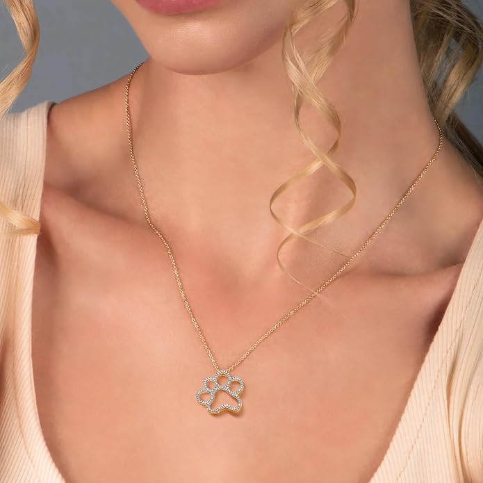 Jewelili Sterling Silver or Yellow Gold Plated Sterling Silver Dog Paw Pendant Necklace for Women | Treated Black or Natural White Round Diamonds | 18" Rolo Chain | Luxury Jewelry Gift for Her | Gift Box Included