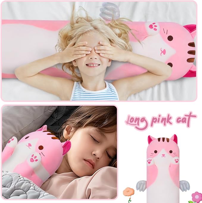 Cute Cat Plush Pillow, Pink Long Kitten Plushie - Soft Kawaii Cat Stuffed Toy for Kids (70cm/27.5inch)